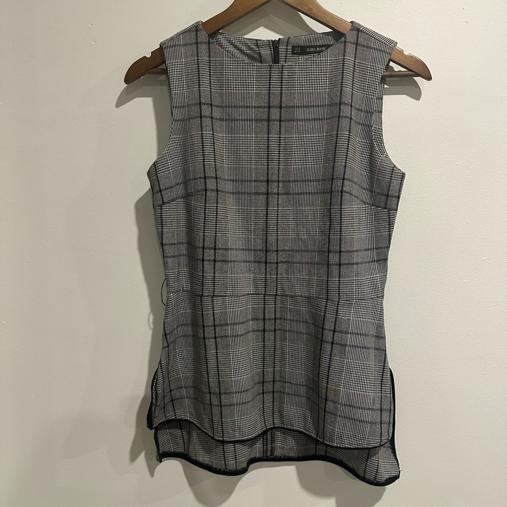 ZARA Black Plaid Preppy Workwear Sleeveless Top Size M